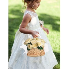 2pcs Rattan Flower Girl Baskets with Pearl Handle and Ribbon, Small Wicker Wedding Flower Girl Baskets Party Candy Gift Storage Basket for Home Garden Decor(ratten)