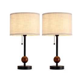 Etonovate Modern Table Lamp for Bedroom, 17.72 Inch Bedside Lamps for Night Stands Set of 2, Desk Light with Retro Pull Chain, Round Flaxen Fabric Shade, Wood Ball, Black Metal Base