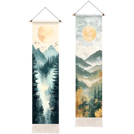 BVBOX Pack of 2 Tapestry Moon and Sun Vertical Tapestries,Landscape Flower Aesthetic Long Tapestry for Living Room and Bedroom Wall Decor 13" Wx51 H