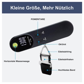 Charmline Portable Luggage Scales Digital with Hooks, Luggage Scales with Integrated Spirit Level and Tare Function, Travel Gadgets, Luggage Scales for Travel up to 50 kg, Black