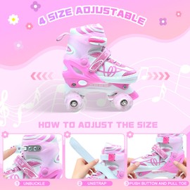 Roller Skates for Kids, Adjustable Quad Skates for Girls Ages 12-14 with Light Up Wheels, Children Beginners Rollerskates for Indoor Outdoor Spots