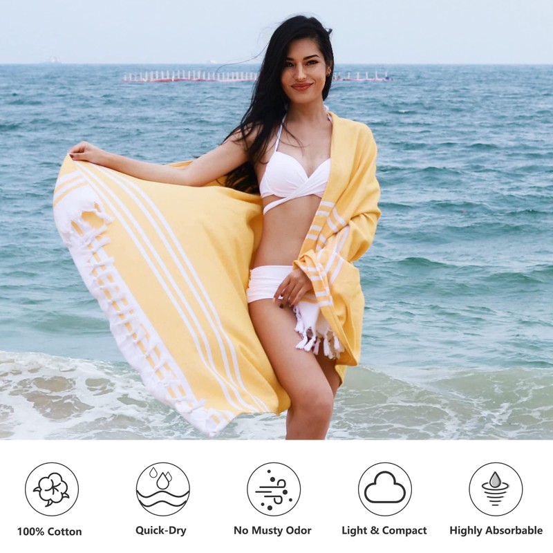 LINENOVA 100% Cotton Turkish Beach Towel 180x100cm, Sand Free Quick