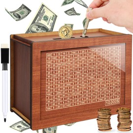 $10000 Cash Vault Wooden Savings Box,Wooden Savings Box with Money Target & Numbers,Retro Cash Saver Box, Reusable Coin Counter Piggy Bank