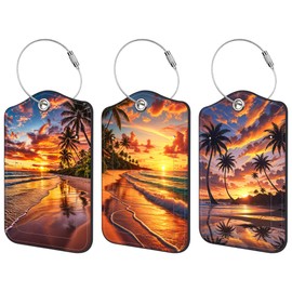 Luggage Tags for Suitcase 3 PCS Sunset Beach Coconut Trees Leather Travel Luggage Tag with Stainless Steel Loop Name ID Label Privacy Cover for Women Men Travel