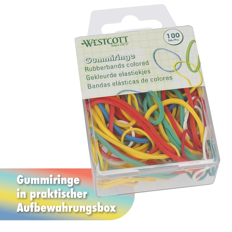 Westcott Rubber bands, pack of 100, colourful rubber rings, various
