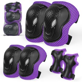 Kids Knee And Elbow Pads,6 in 1 Adjustable Kids Sports Protective Gear Set With Mesh Bag for Skateboard, Roller Skating, Biking, And Outdoor Multi-Sports (Purple, M)