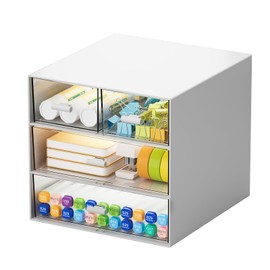 Marbrasse Desk Organizer with 4 Drawers，Office Organization, Clear Plastic Desk Organizers and Storage, Desk Organization, Desktop Organizer for Office School Home (White-4 Drawers)