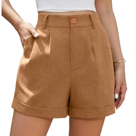 Jouica Womens Summer High Waist Linen Shorts Roll Up Pleated Zippered Wrap Hem Wide Leg Shorts with Pockets, Light Brown, XX-Large
