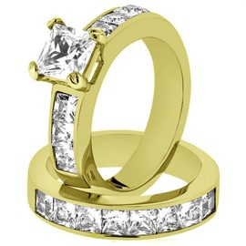 Marimor Jewelry Women's Stainless Steel 316 Princess Cut 3.75 Carat Zirconia Wedding Ring Set Size 7