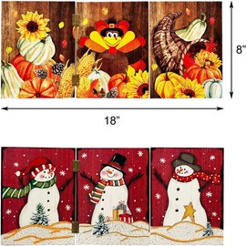 YUMBOR Fall Winter Wood Reversible Pumpkin Snowman Folding Screen Antique Table Top Mantle Centerpieces Winter Christmas Indoor Outdoor Decorations