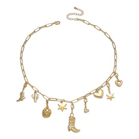 SPARKLAURA Gold Charm Necklace for Women Western Jewelry Boho Coastal Cowgirl Cowboy Boot Heart Star Cactus Charms Chunky Paperclip Chain Statement Choker Necklaces Gift