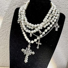 Y2K Layered Pearl Necklace Gothic Rhinestone Cross Pearl Stacked Choker Necklace for Women (Style-B)