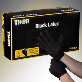 Thor Black Latex Gloves Pack of 100 (Size L) | Black Powder-Free Disposable Gloves for Cooking, Cleaning, Grilling and much more | Disposable Gloves without Powder | Disposable Gloves Kitchen Workshop