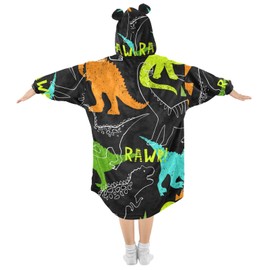 Oversized Blanket for Kids, Brown Doodle Dog Paw Background, Warm Fleece Sweatshirt, Plush Wearable for Girls and Boys, Spacious Front Pocket, Cute Ear Cap, cartoon dinosaur