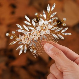 Zoestar Flower Bridal Wedding Hair Comb Golden Rhinestone Headpiece Bridal Crystal Leaf Hair Accessories for Women and Girls
