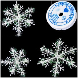 MEETOOT 61PCS Snowflake Sequins Plastic 2.36inch 4.33inch 5.9inch with Fishing Line Christmas Snowflake Flakes Christmas Tree Decoration Hanging Winter Decoration Hanging Snowflake String White