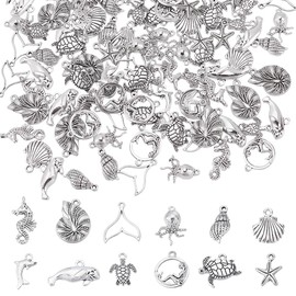 UNICRAFTALE 120Pcs 12 Styles Ocean Theme Charms Antique Silver Sea Animal Charm Starfish Shell Conch Tortoise Dangles Pendants Metal Charms for DIY Earring Necklace Bracelet Jewelry Making