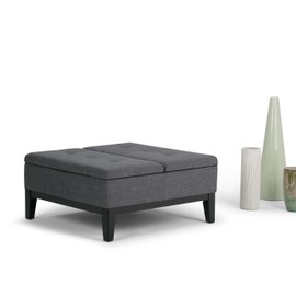 SIMPLIHOME Dover 36 inch Wide Square Coffee Table Lift Top Storage Ottoman, Cocktail Footrest Stool in Upholstered Slate Grey Tufted Linen Look Fabric for the Living Room, Contemporary