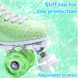SMOOJOY Roller Skates for Women Girls and Kids, Light Up Wheels - Green Quad Outdoor PU Leather High-Top Design Derby Rollerskates for Beginners Youth Sizes 2 3 4 5 6 7 8 9 10 11