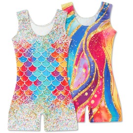 Taubow 2 Packs Gymnastics Leotards for Girls Size 6 7 Kids Biketard with Shorts Gradient Mermaid Dance Leotard