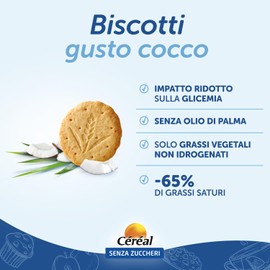 Céréal Biscotti, Senza Zucchero, gusto cocco, merendine dolci senza zuccheri, fonte di fibre, in monoporzioni, 132 g