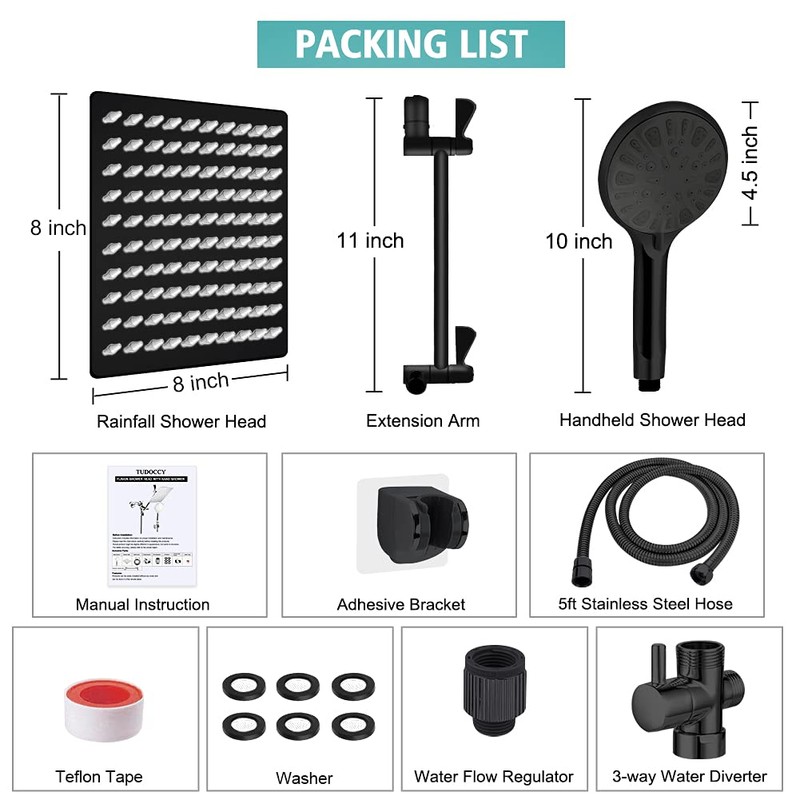 Tudoccy Shower Head, 8‘’ High Pressure Rainfall Shower Head/Handheld Shower