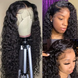Deep Wave Lace Front Wigs Human Hair for Women 180% Density 13x6 HD Transparent Water Wave Lace Frontal Wigs Human Hair Pre Plucked with Baby Hair Natural Color 24inch