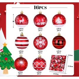 HOUISM Christmas Baubles with Paintings and Sparkling as Traditional Hand-Painted Theme Red White Christmas Tree Baubles Plastic Christmas Decoration with Hanger, Handmade for Christmas Party Decoration 60 mm