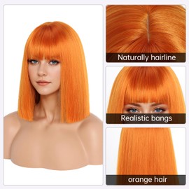 SeclitWu Short Orange Straight Bob Wig for Women Wigs with Bangs 12 Inch Natural Looking Synthetic Heat Resistant Fiber Wig for Daily Party Use (Orange)