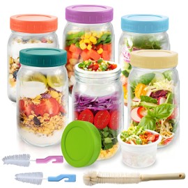 Klemon 6 Pack Glass Salad Jars with Lids Meal Prep,Salad jars with Dressing Cup,2 Built-In Compartments for Wet/Dry Separation Leakproof container for Milk Fruit Yogurt