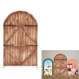 Aerdce Farm Arched Backdrop Cover Barn Wood Door Farm Parties Chiara Backdrops for Birthday Decorations Arched Wall Covers Stands Display Props Double-sided GX-225-2.5x6ft