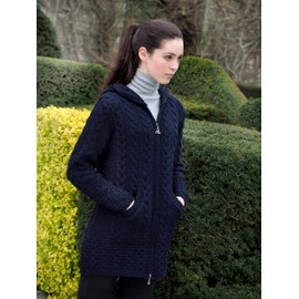 Aran Crafts Women's Irish Cable Knitted Wool Hooded Zip Coat (HD4025-SM-NAVY)