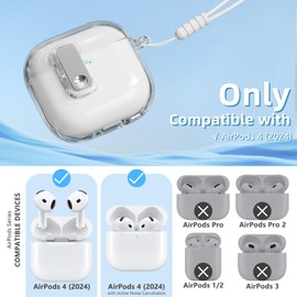 (with Safety Lock) Compatible with AirPods 4 Case with Cleaner Kit,Clear Soft TPU Transparent AirPods 4th Generation Case,Full Protection Cover with Lanyard for AirPods 4 Gen (2024) (USB-C)-White