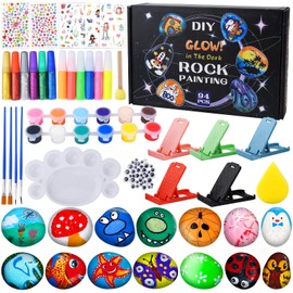 TOSUTO Noctilucent Stones Painting Craft Set, Craft Set, Stones Painting Set, 14 Pieces, Creative Stone Painting Set with 24 Colours, with 4 Stickers, for Girls Boys 3-12 Years