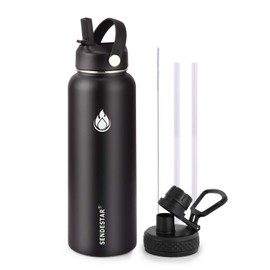 SENDESTAR Stainless Steel Water Bottle, Wide Mouth 32 oz Water Bottle with Straw Lid, Spout Lid, Double Wall Vacuum Insulated Leak Proof, Keeps Liquids Hot or Cold (Black)
