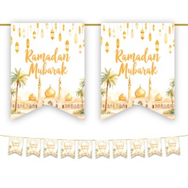 Ramadan Mubarak Bunting Decorations (White & Gold Watercolour Mosque Design) - Ramadan Kareem Banner, Bunting Flags Hanging Decor for Home Domes Lanterns Moon