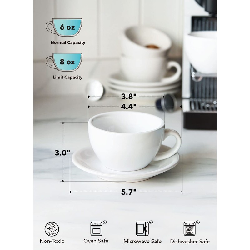 LE TAUCI 6 oz Cappuccino Cups with Saucers, Ceramic Coffee