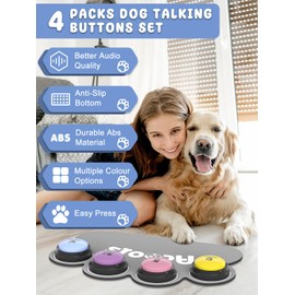 4 Pcs Dog Talking Button Set, Dog Buttons for Communication, 30s Recordable Voice Pet Buzzer Training Buttons, Speaking Button for Dogs with Anti-Slip Dog Buttons Talk Mat and 24 Scene Stickers