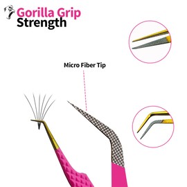 Leenax 2 Pieces Fiber Tip (Anti – Slip) Eyelash Extension Tweezers, Straight and 45-Degree Volume Tweezers, Japanese Stainless Steel (Pink)