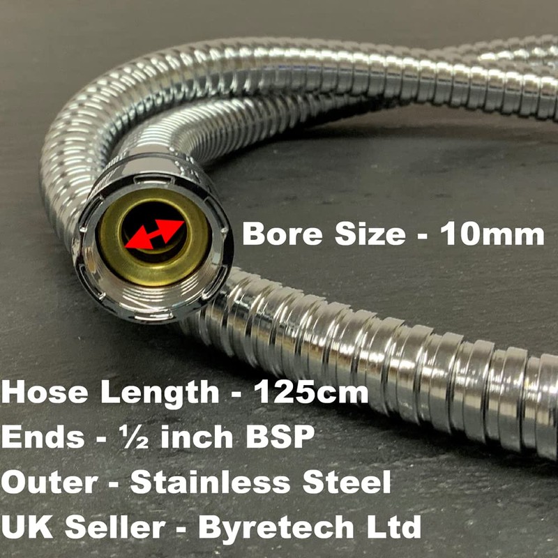 125cm Short Shower Hose - 10mm Internal Bore - Stainless