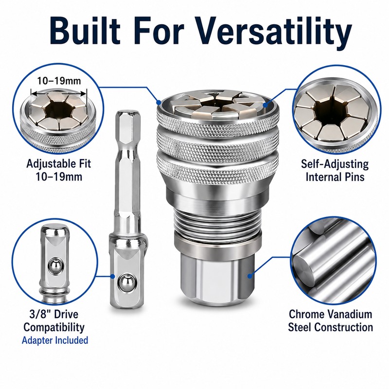Universal Adjustable Socket Wrench for 10-19mm Fasteners - 2 Piece