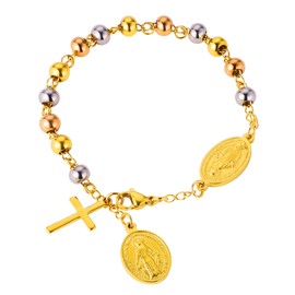 Hengbofeng Bracelets for Women,three-color bracelet（Gold, steel, rose gold）, Womens Cross Christian Jewelry, Stainless Steel Embossed Jesus Round Bracelet, Suitable for Weddings, Engagements, Parties, Can Be Given to Friends, Partners, and Relatives