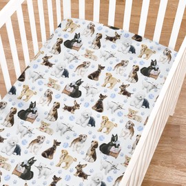 Cute Dogs Fitted Baby Crib Sheets for Girl Boy 52"x28" Funny Dogs Paws Blue Soft Breathable Crib Mattress Covers Dogs Lovers Gift Nursery Baby Sheet for Standard Crib and Toddler Mattress Pads