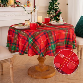 Romanstile Round Christmas Tablecloth Wipe Clean Red Green Gingham Xmas Table Cloth 229 cm（90 inch Diameter Large Table Cover Decor Tabletop for Outdoor Autumn Party Wedding Home New Year Festive