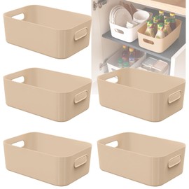 W&H 5 PCS Beige Plastic Storage Boxes, Small Open Storage Boxes with Handle, Home & Kitchen Organiser, Plastic Cupboard Baskets for Shelves, Bathroom, Toy, Bedroom - 21×14×7cm