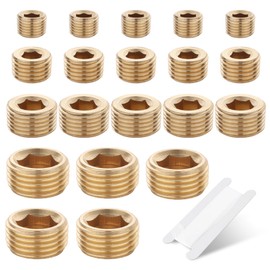 Ailbiuko 20 PCS Brass Pipe Plug 1/8" 1/4" 3/8" 1/2" NPT Plug Internal Hex Thread Socket Fitting Assortment Kit