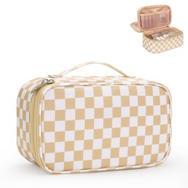 Twofold Travel Makeup Bag with Brush Holder, Dual-Layer Small Cosmetic Organizer, Portable Toiletry Bag for Accessories Storage, Cute Make Up Bag for Gift, Trip, Camp, Daily Use - Plaid