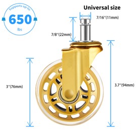 Office Chair Wheels Replacement,(Set of 5) 3'' Caster Wheels Smooth Rolling Heavy Duty Casters Safe for All Floors Including Hardwood - Universal Stem 7/16 Inch, Gold