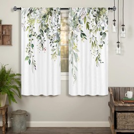 Famiffty Eucalyptus Leaves Kitchen Curtains Rod Pocket Watercolor Sage Green Leaf on The Top Floral Small Short Cafe Tier Curtains Plant Window Drape Treatment Home Decor(27.5W X 39L Inch 2 Panels)