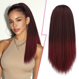 PEACOCO Drawstring Ponytail for Black Women Long Yaki Straight Ponytail Hair Extension 16 Inch Thick Pony Tail Clip in Synthetic Ponytail Hairpiece T1B/BUG